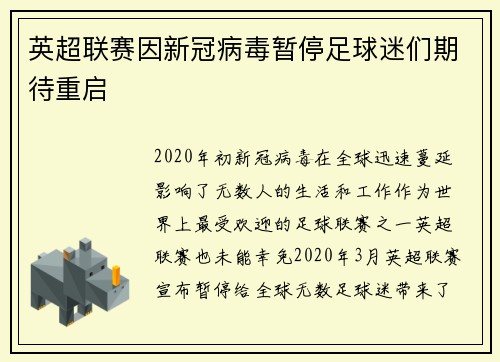 英超联赛因新冠病毒暂停足球迷们期待重启